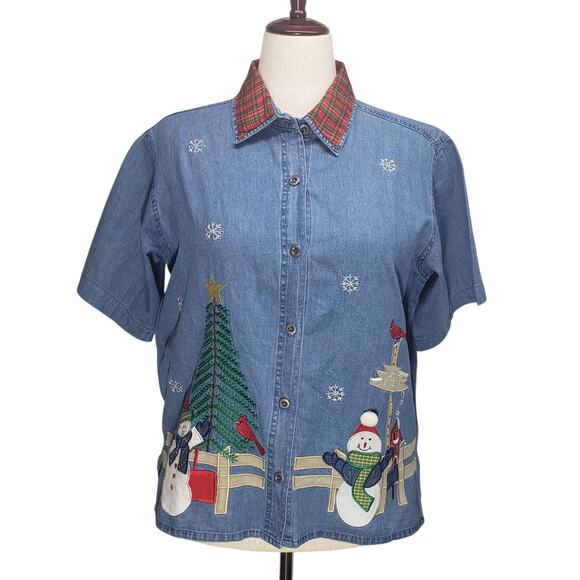 Dressbarn Holiday Top Womens Large Light Blue Button Down Snowman Festive Collar - Picture 1 of 10